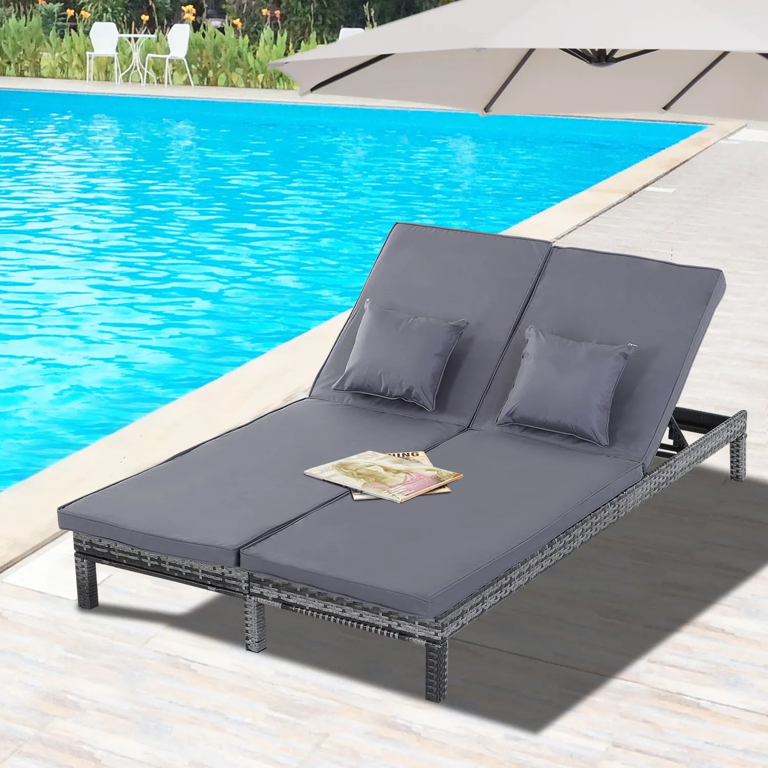 2 Seater Garden Double Rattan Sun Lounger Companion Reclining Recliner Wicker Weave Patio Outdoor Furniture Cushioned - Grey