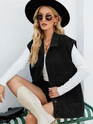 2024 Autumn Denim Vest Women Vest Sleeveless Jacket Women Black Long Waistcoat Coat