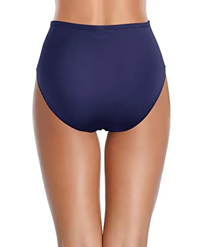 Adjustable Drawstring High Waisted Swim Bottom For Women-Navy Blue