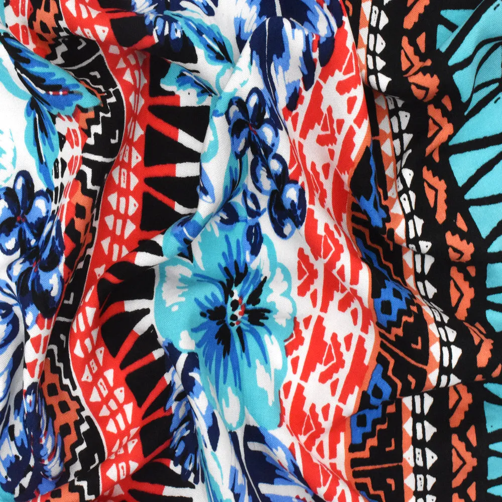 Aqua-Red-Multi Floral Tribal Stripe Printed Challis Fabric