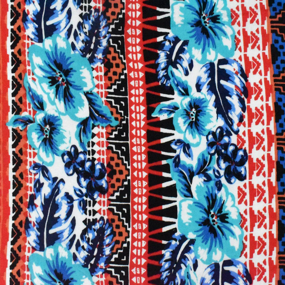 Aqua-Red-Multi Floral Tribal Stripe Printed Challis Fabric