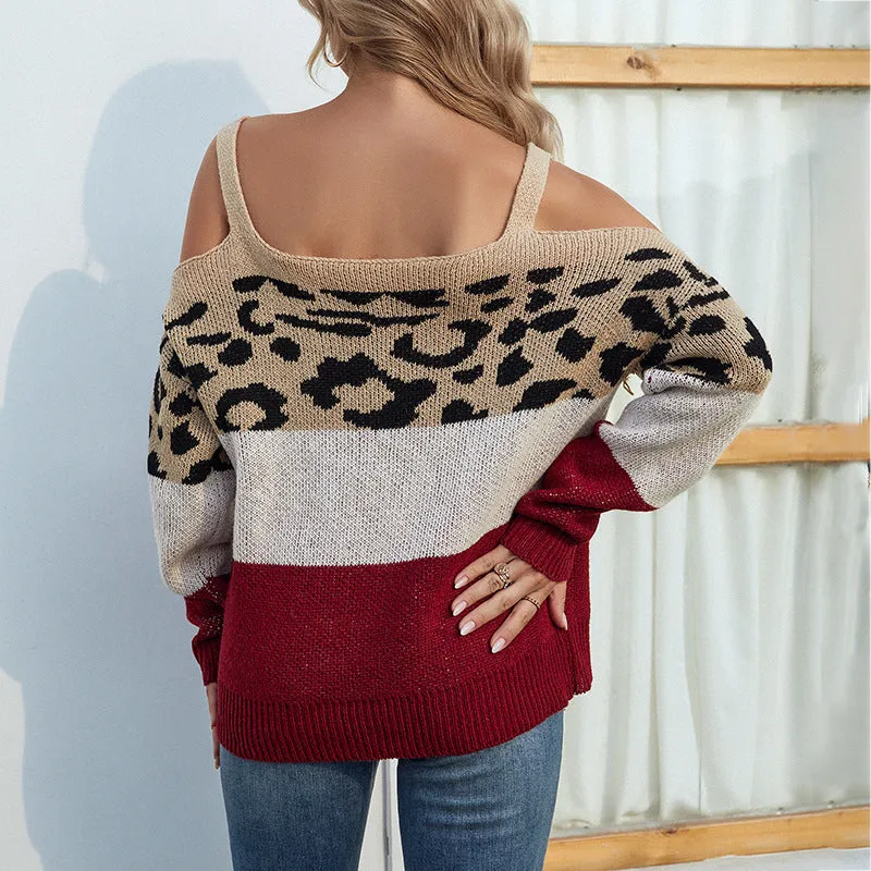 Autumn Winter Contrast Color Leopard Print Sweater Sexy off-Shoulder S