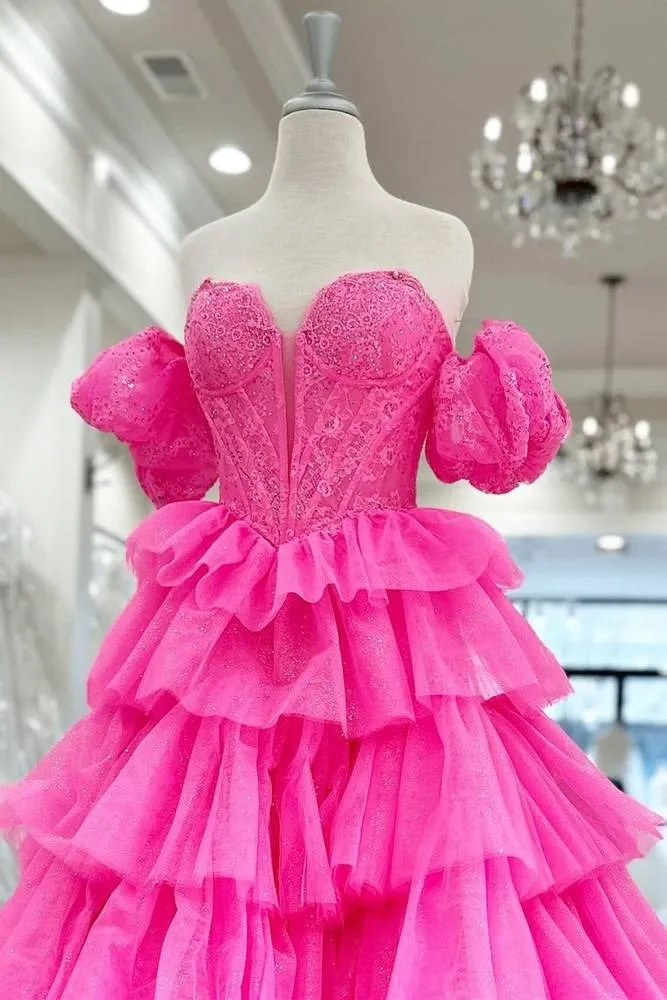 Ball Gown Sweetheart Hot Pink Tiered Organza Prom Dresses