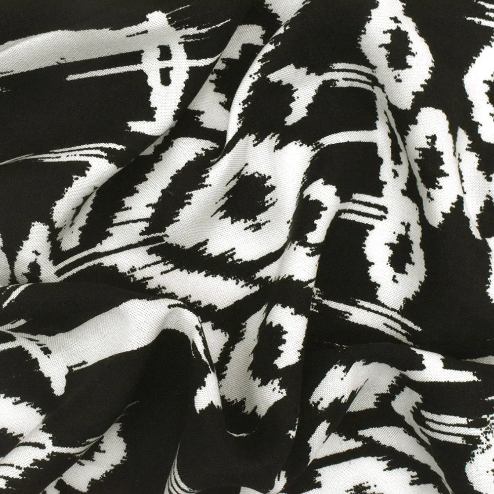 Basic Black-White Ikat Aztec Printed Rayon Challis Woven Fabric