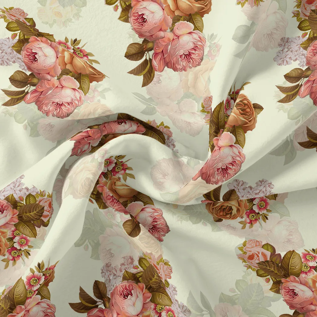 Beautiful Floral Golden Roses With Shiny Digital Printed Fabric - Poly Muslin