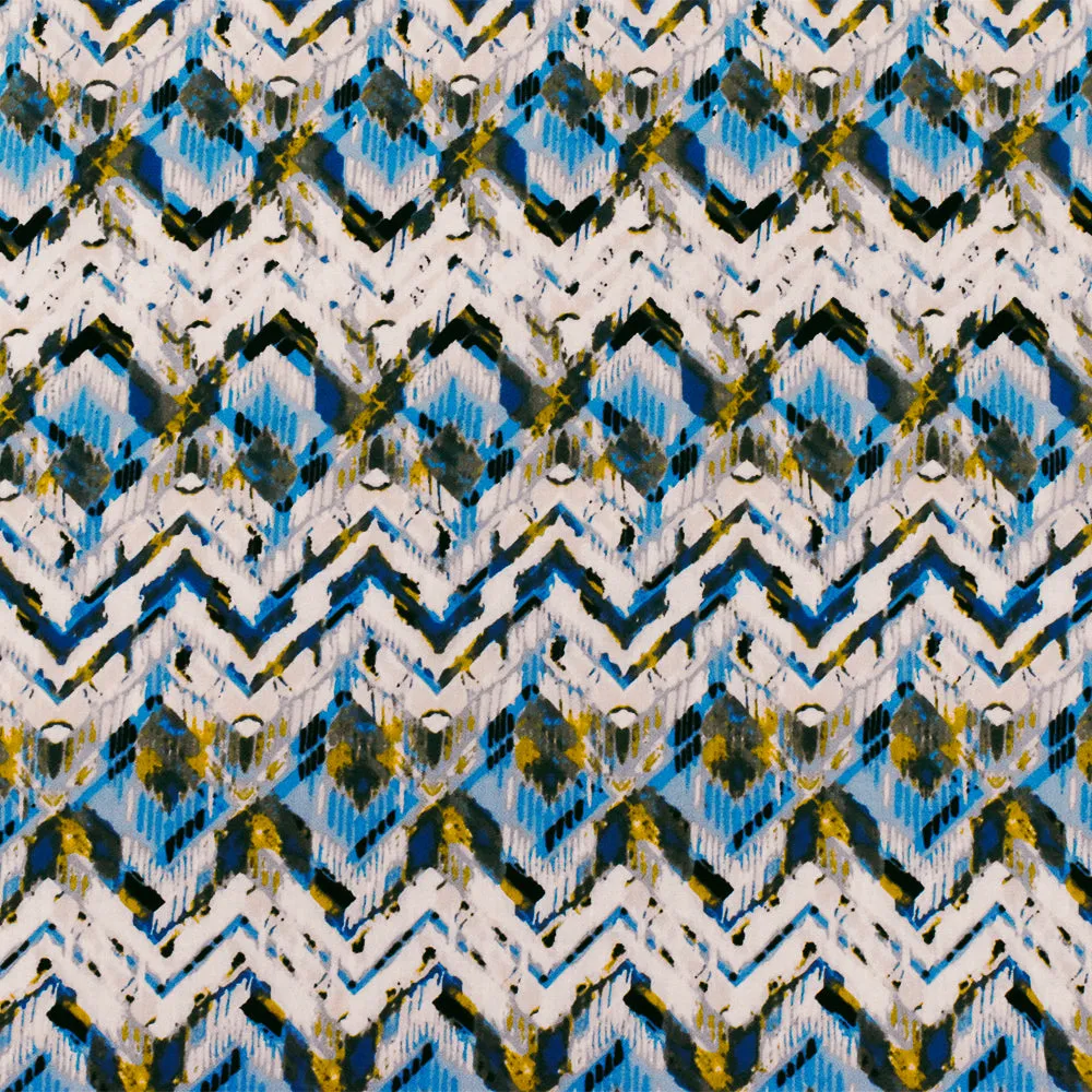 Blue-Ivory-Multi Abstract Chevron Rayon Challis Woven Fabric