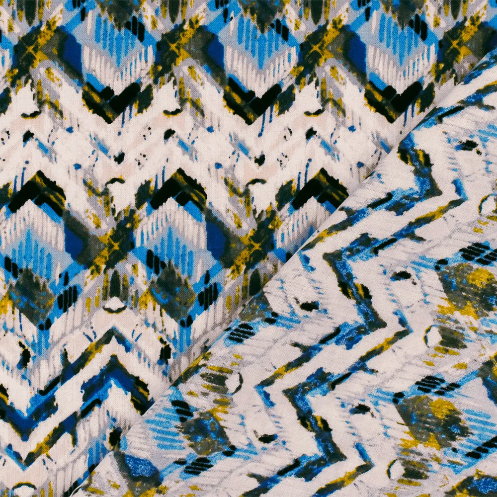 Blue-Ivory-Multi Abstract Chevron Rayon Challis Woven Fabric