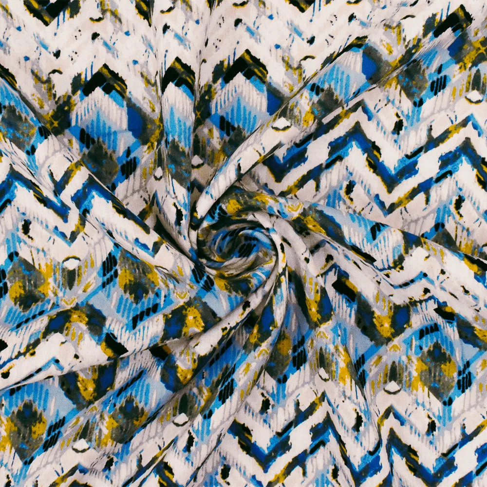 Blue-Ivory-Multi Abstract Chevron Rayon Challis Woven Fabric