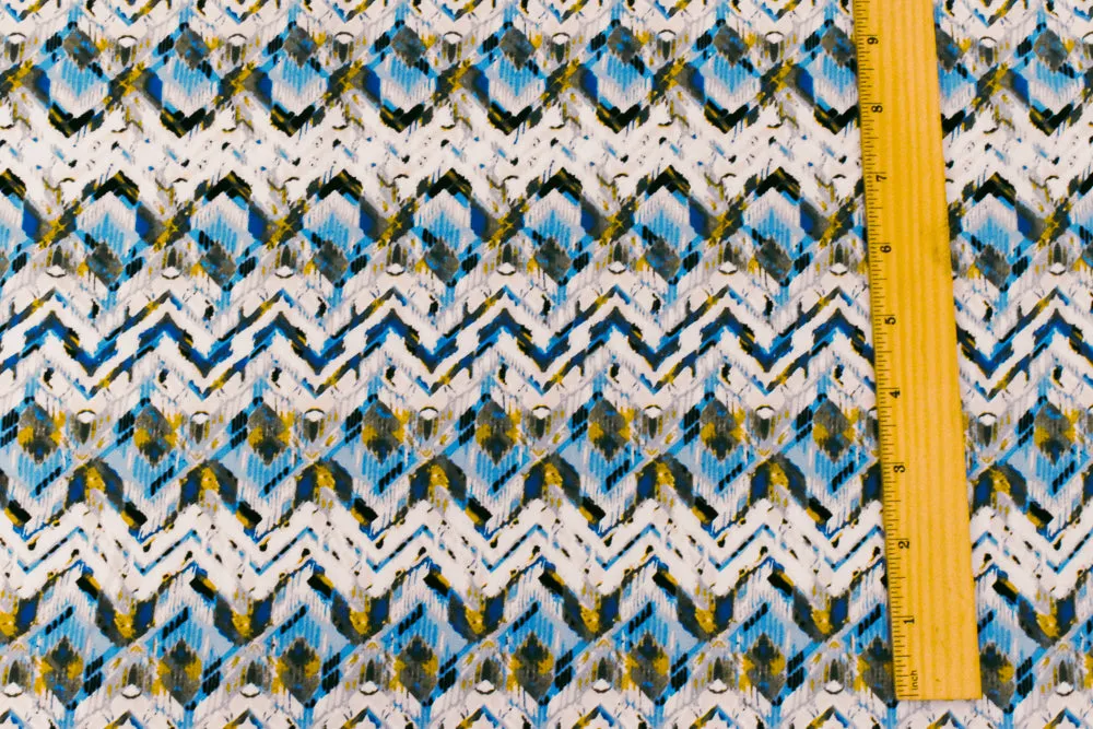 Blue-Ivory-Multi Abstract Chevron Rayon Challis Woven Fabric