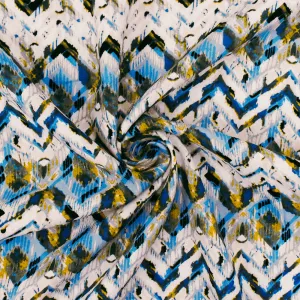 Blue-Ivory-Multi Abstract Chevron Rayon Challis Woven Fabric