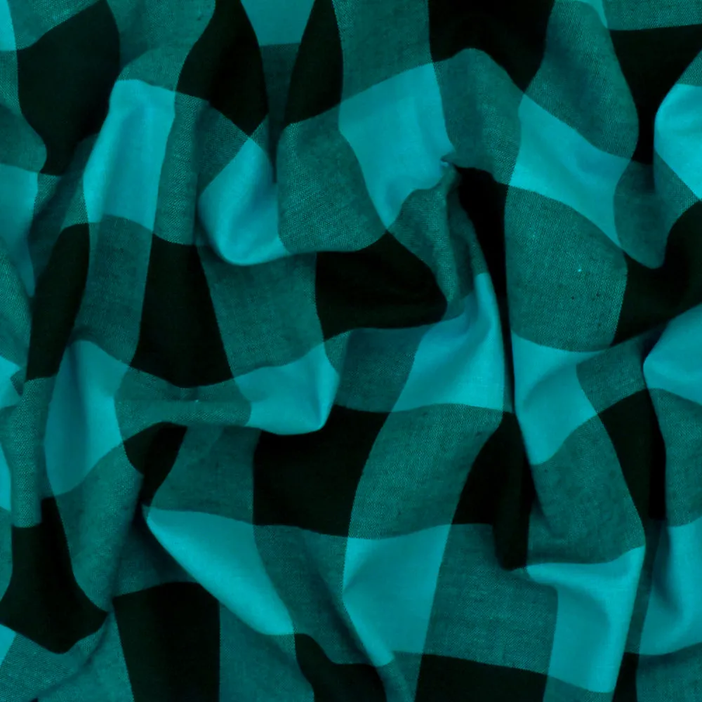 Bright Teal-Black Gingham Stretch Cotton Woven Fabric