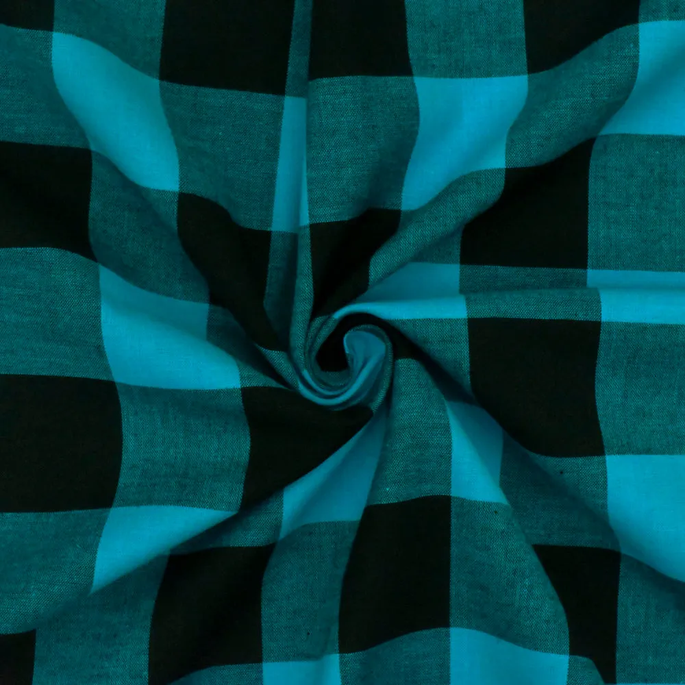 Bright Teal-Black Gingham Stretch Cotton Woven Fabric