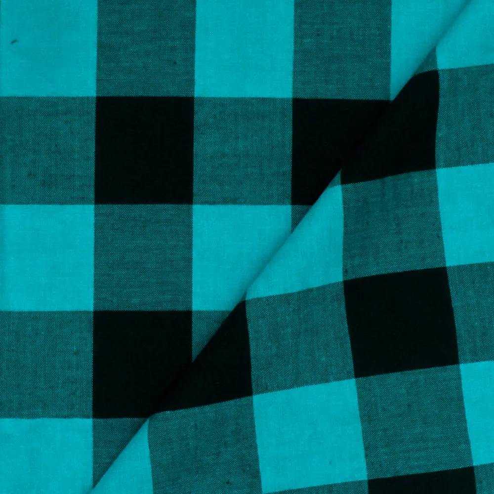 Bright Teal-Black Gingham Stretch Cotton Woven Fabric