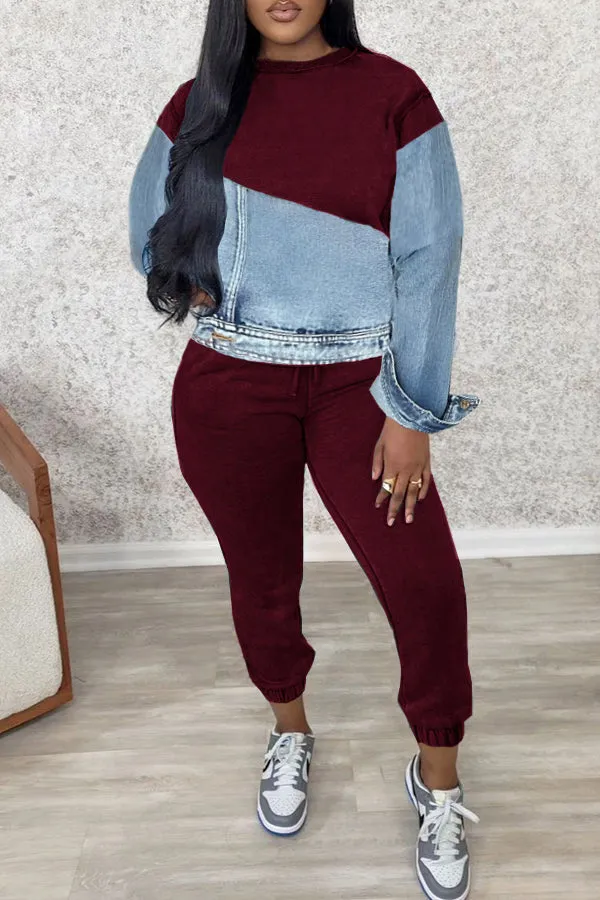 Casual Knitted Patchwork Denim Sweatshirt & Sweatpants Set