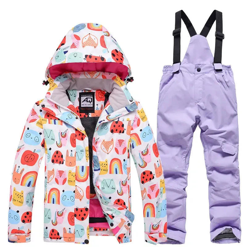 Children Printed Insulated Skiing Jackets & Trousers Suits