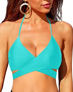 Deep V Neck Sexy Bandage Swimsuit Top Only Halter Women Bikini Top-Aqua