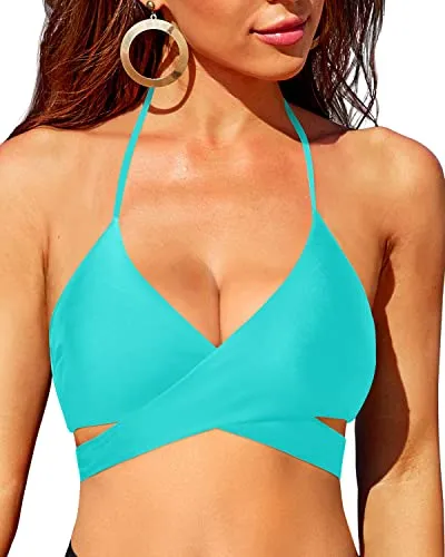 Deep V Neck Sexy Bandage Swimsuit Top Only Halter Women Bikini Top-Aqua