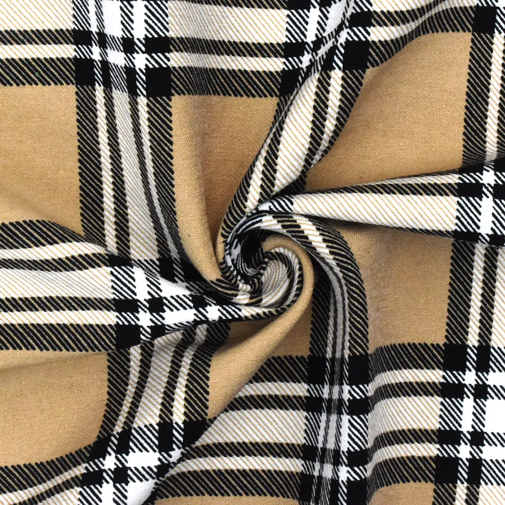 Dune Beige-White-Black Plaid Printed Rayon Blend Stretch Poplin Fabric