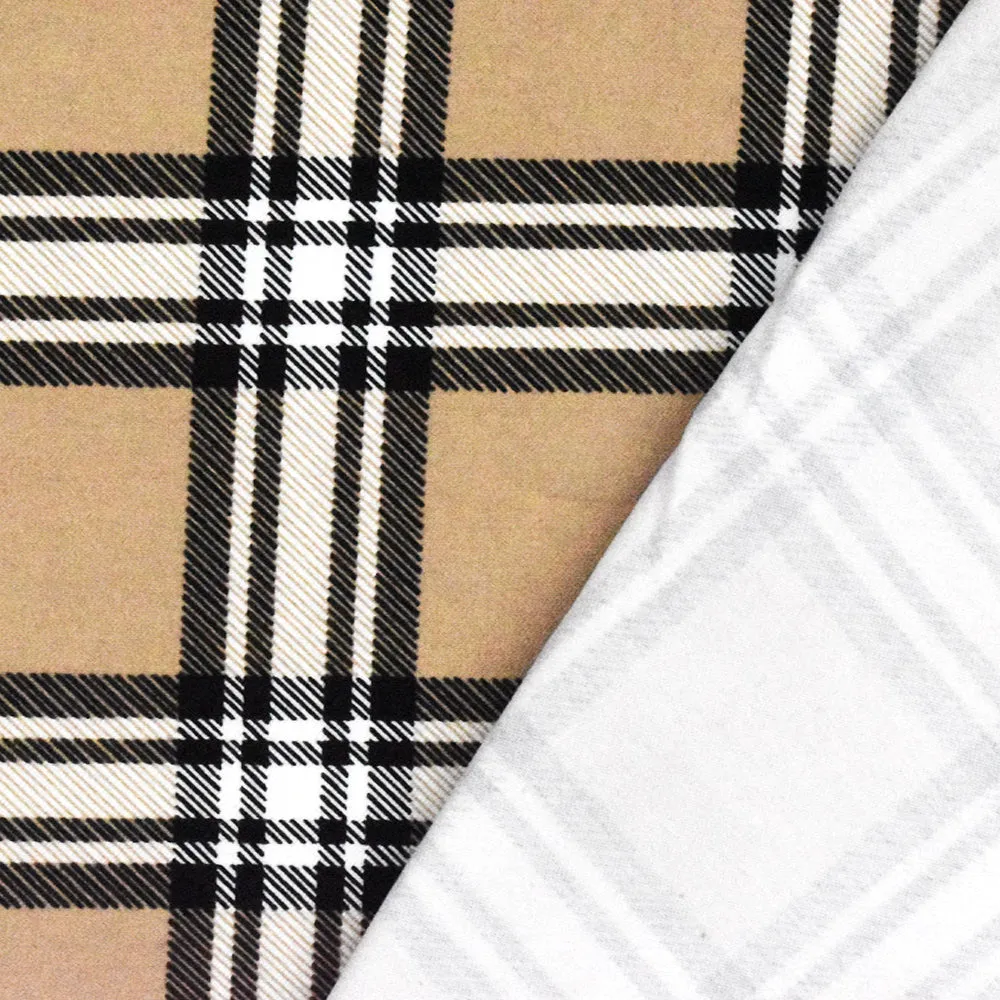 Dune Beige-White-Black Plaid Printed Rayon Blend Stretch Poplin Fabric