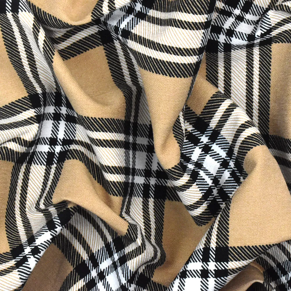 Dune Beige-White-Black Plaid Printed Rayon Blend Stretch Poplin Fabric