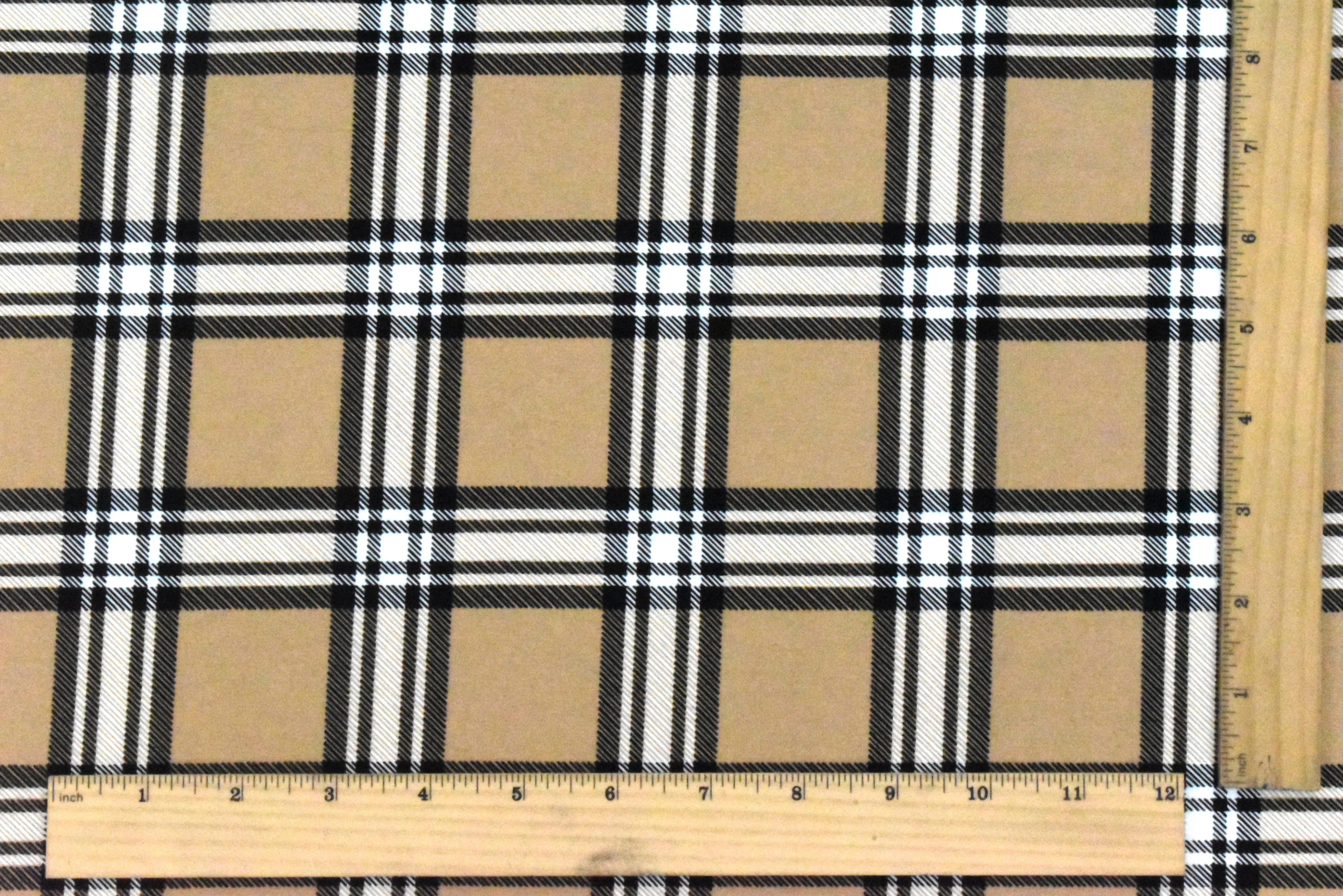 Dune Beige-White-Black Plaid Printed Rayon Blend Stretch Poplin Fabric