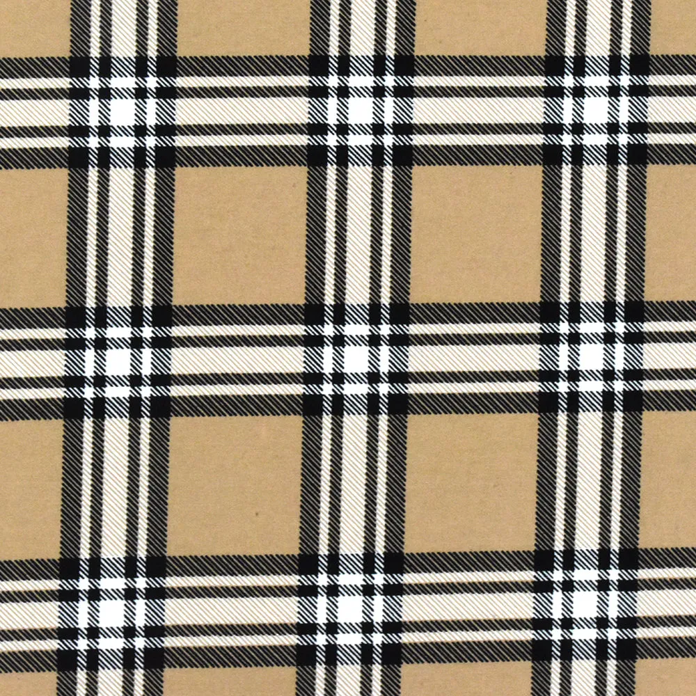 Dune Beige-White-Black Plaid Printed Rayon Blend Stretch Poplin Fabric