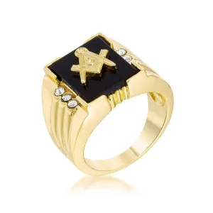 Goldtone Onyx Masonic Ring with CZ Accents