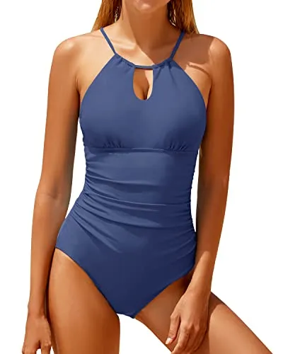 Halter High Neck Women's One Piece Swimsuit Tummy Control Swimwear-Blue