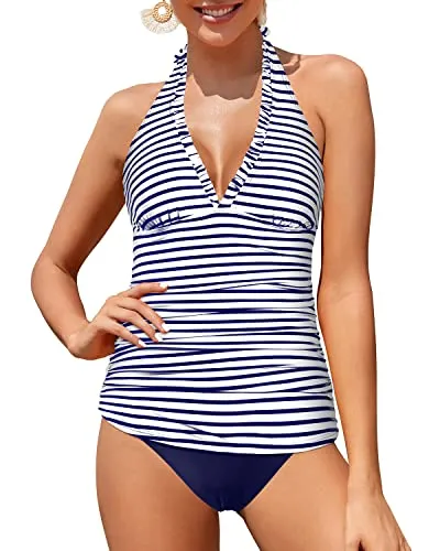 Halter Tankini Tops With Bikini Bottoms Women's Two Piece Swimsuits-Blue White Stripe