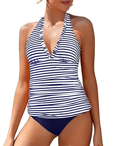 Halter Tankini Tops With Bikini Bottoms Women's Two Piece Swimsuits-Blue White Stripe