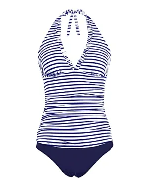 Halter Tankini Tops With Bikini Bottoms Women's Two Piece Swimsuits-Blue White Stripe