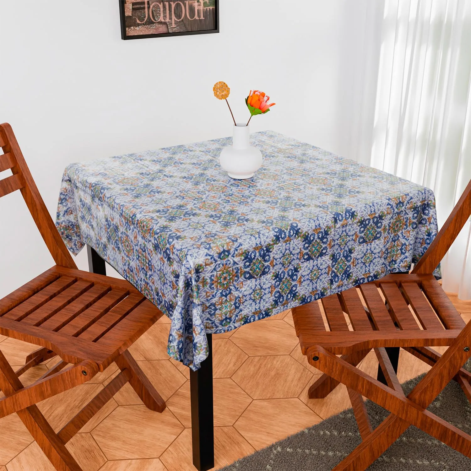 Heart Home Table Cover | Dining Table Cover | Center Table Cover | Reversable Table Cover for Kitchen Table | Star Flower Table Cover for Hall Décor | 54x54 Inch | Blue