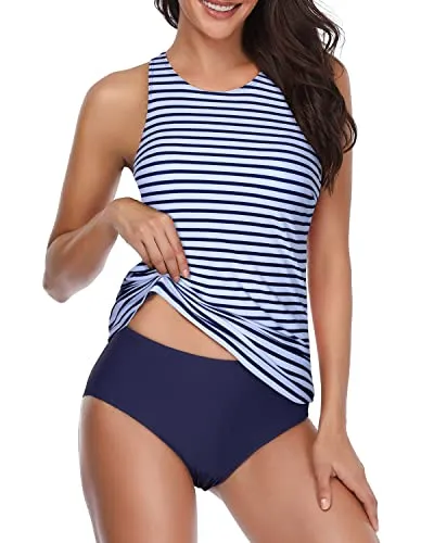 High Neck Tummy Control Tankini Set With Shorts-Blue White Stripe