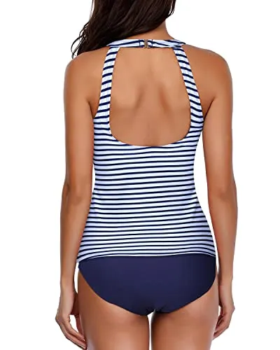 High Neck Tummy Control Tankini Set With Shorts-Blue White Stripe