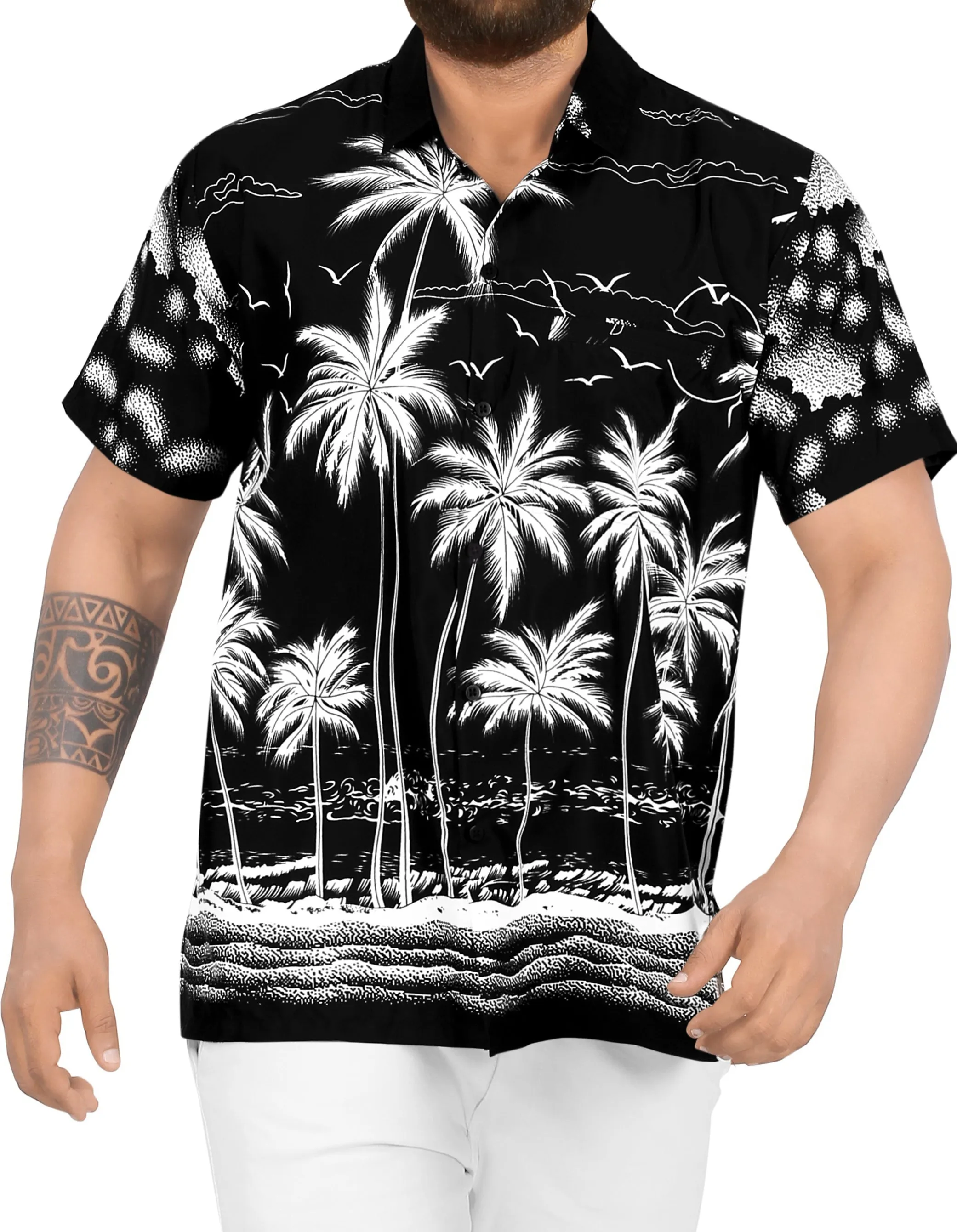 LA LEELA Men Casual Beach hawaiian Shirt for Aloha Tropical Beach front Short sleeve Black