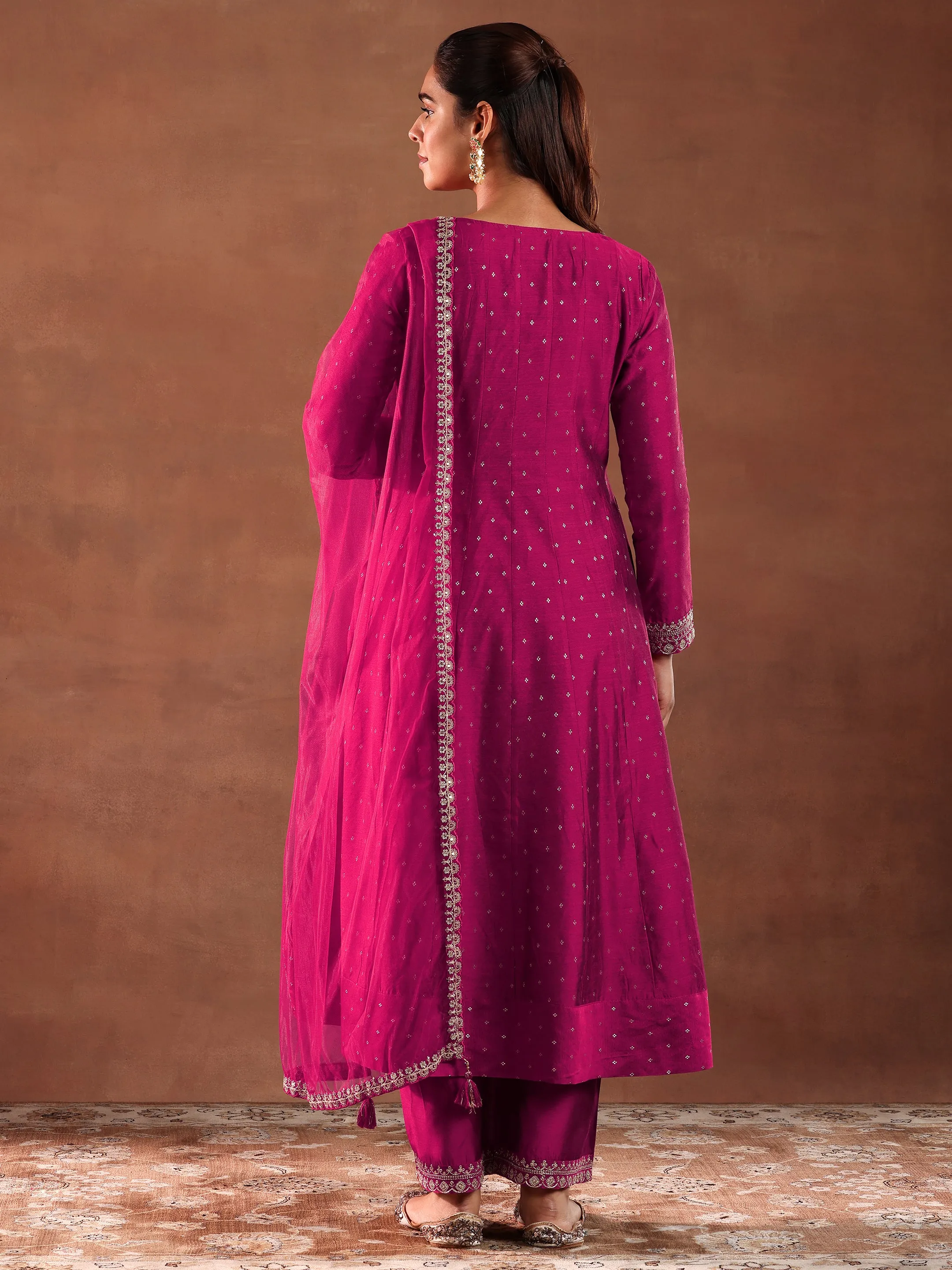 Magenta Embroidered Silk Blend Anarkali Suit With Dupatta