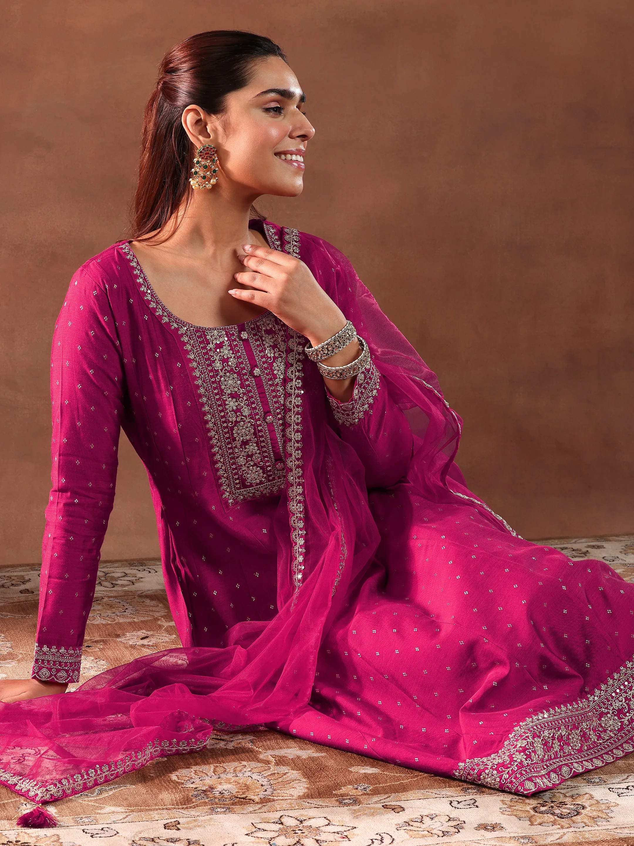 Magenta Embroidered Silk Blend Anarkali Suit With Dupatta