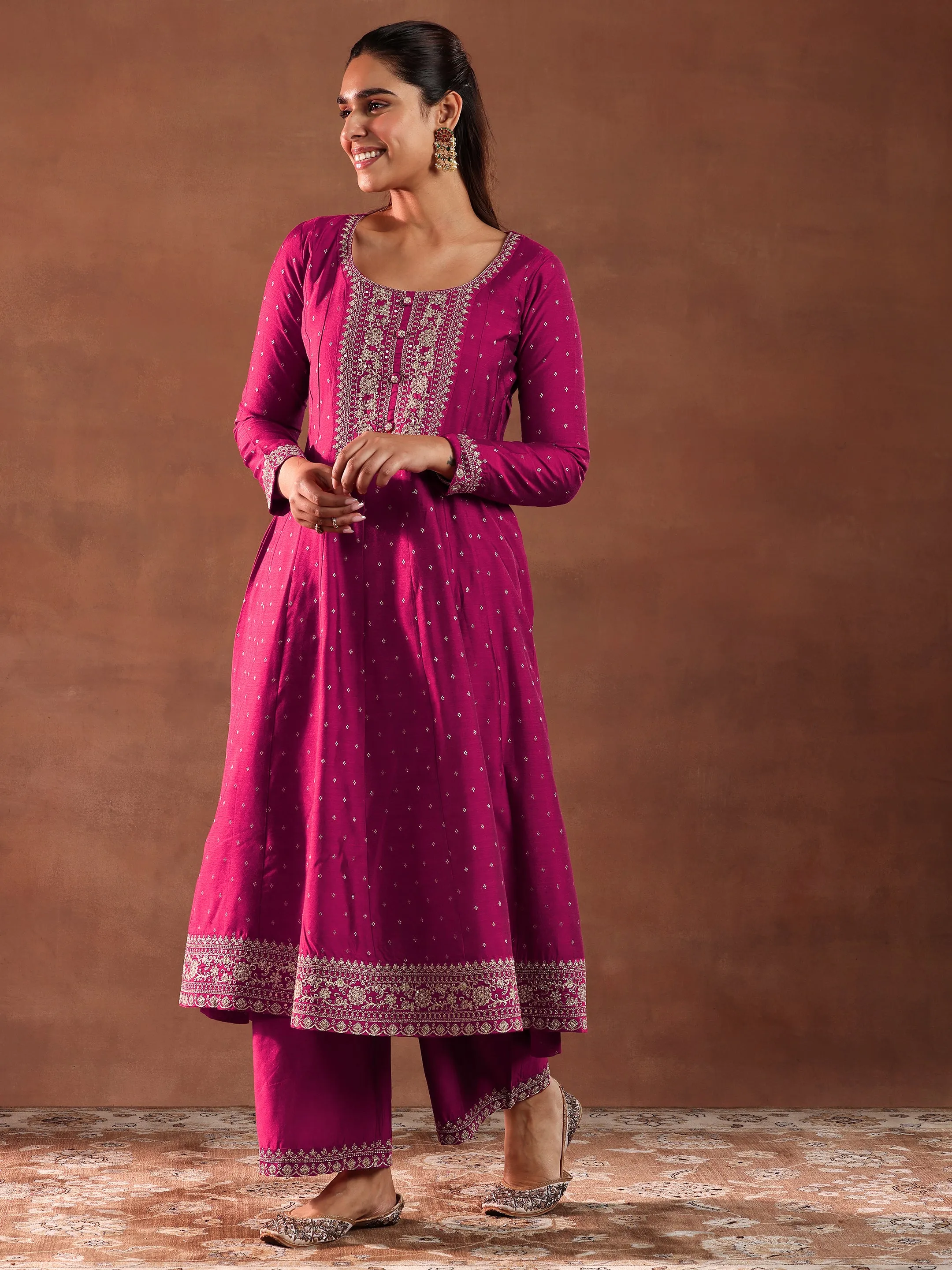 Magenta Embroidered Silk Blend Anarkali Suit With Dupatta