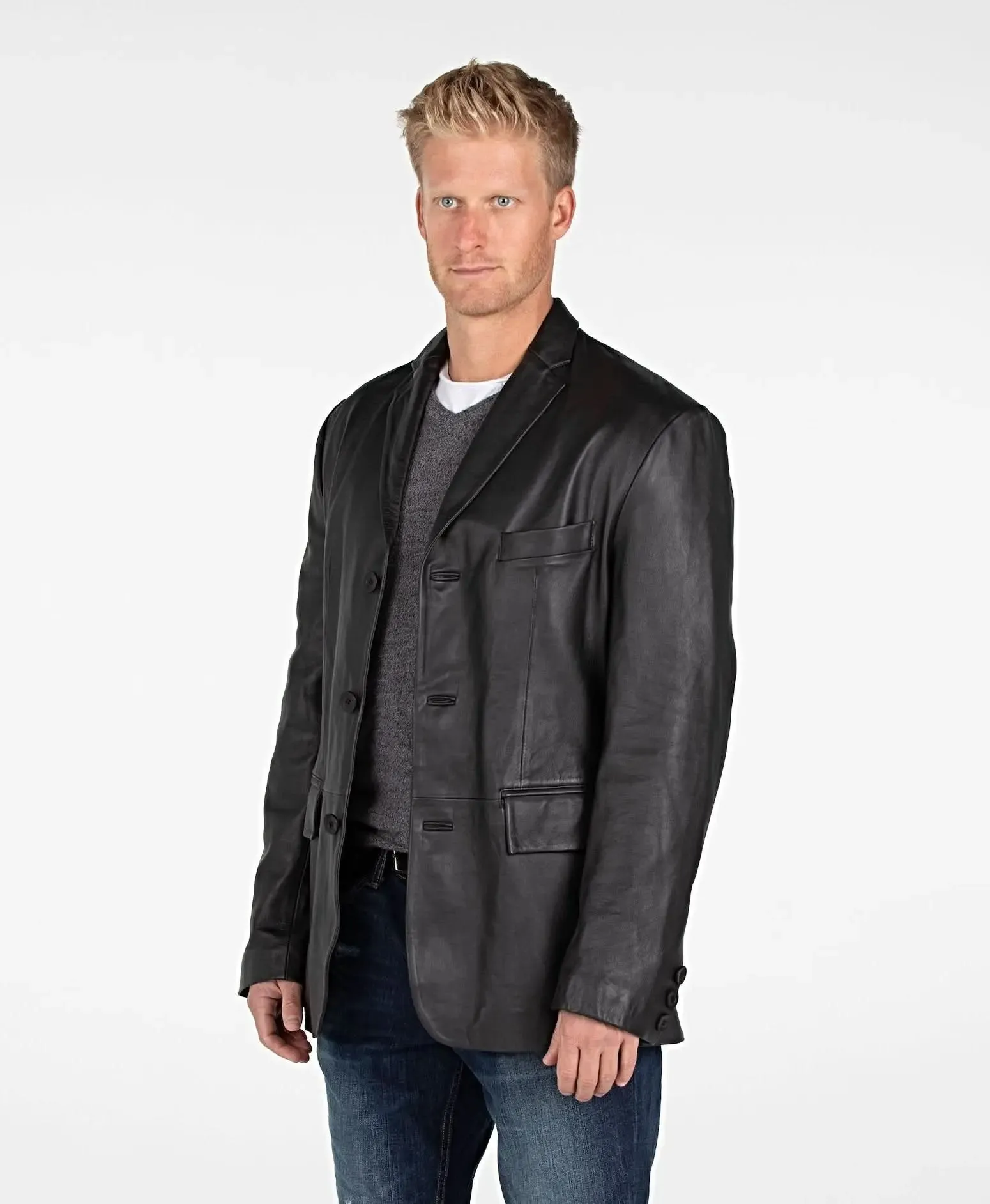 Men's Premium Lambskin Leather Blazer with Timeless Three-Button Design