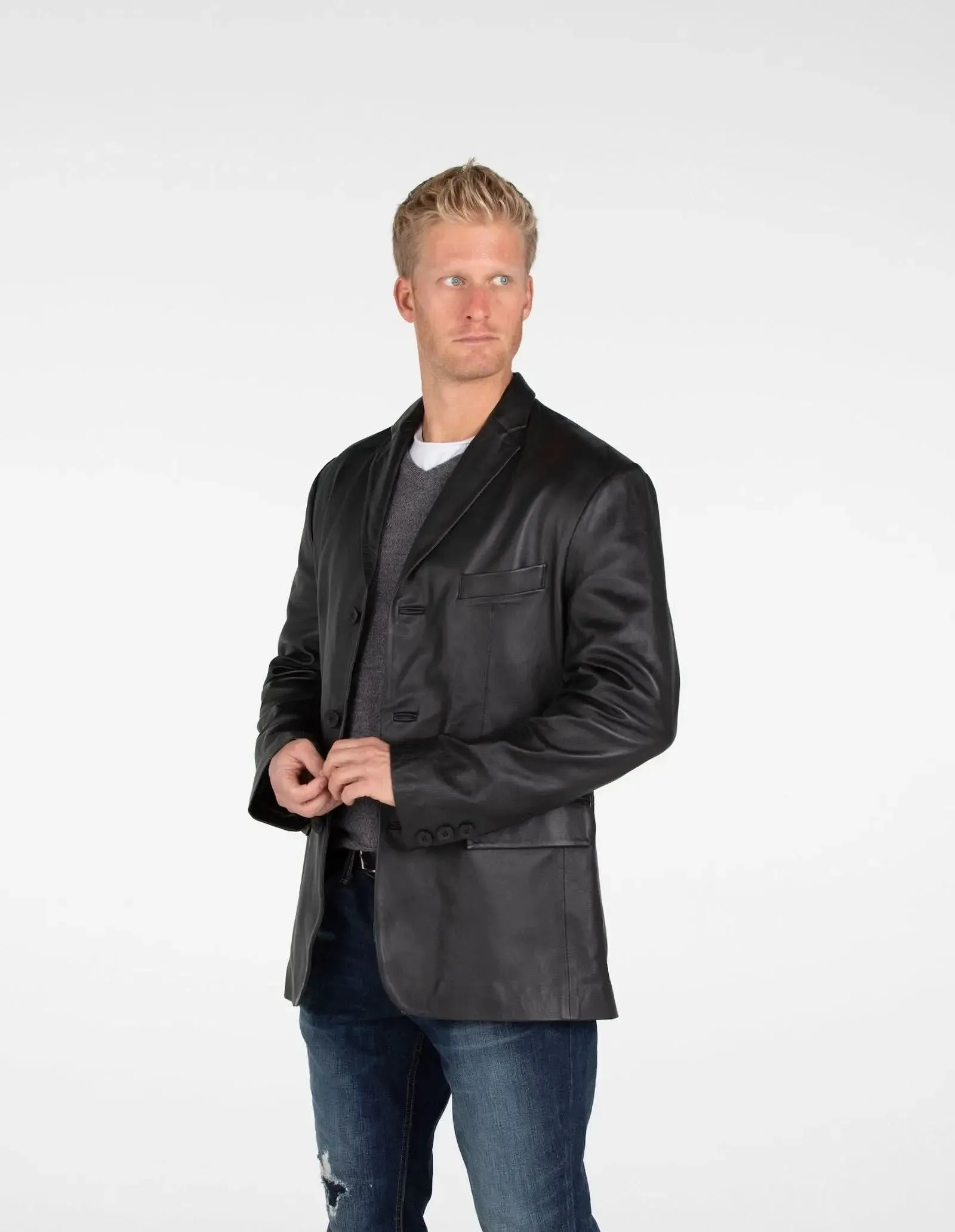 Men's Premium Lambskin Leather Blazer with Timeless Three-Button Design