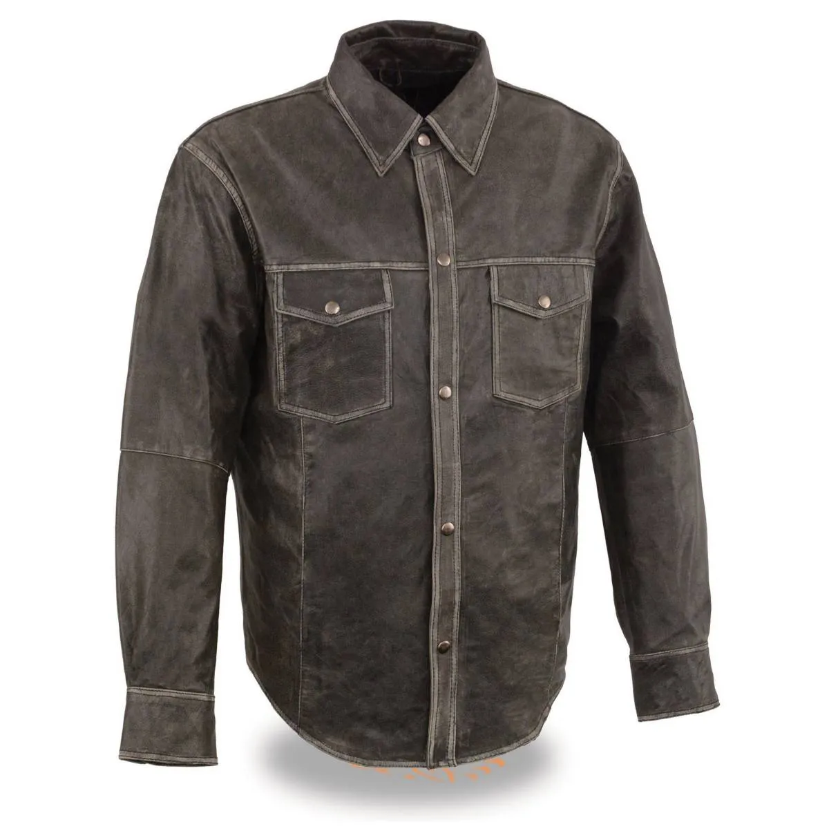 Milwaukee Leather MLM1605 Men's 'Button Down' Distressed Grey Lightweight Casual Biker Leather Shirt