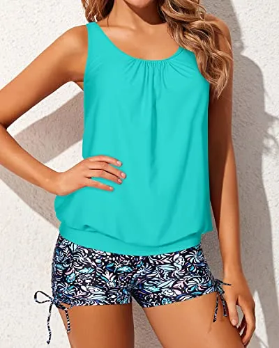 Modest Neckline Blouson Tankini Swimsuits For Women Tops Boyshorts-Light Blue-Green Floral