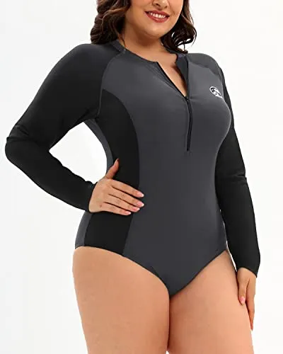 One Piece Plus Size Bathing Suit With Front Zipper For Women-Grey And Black