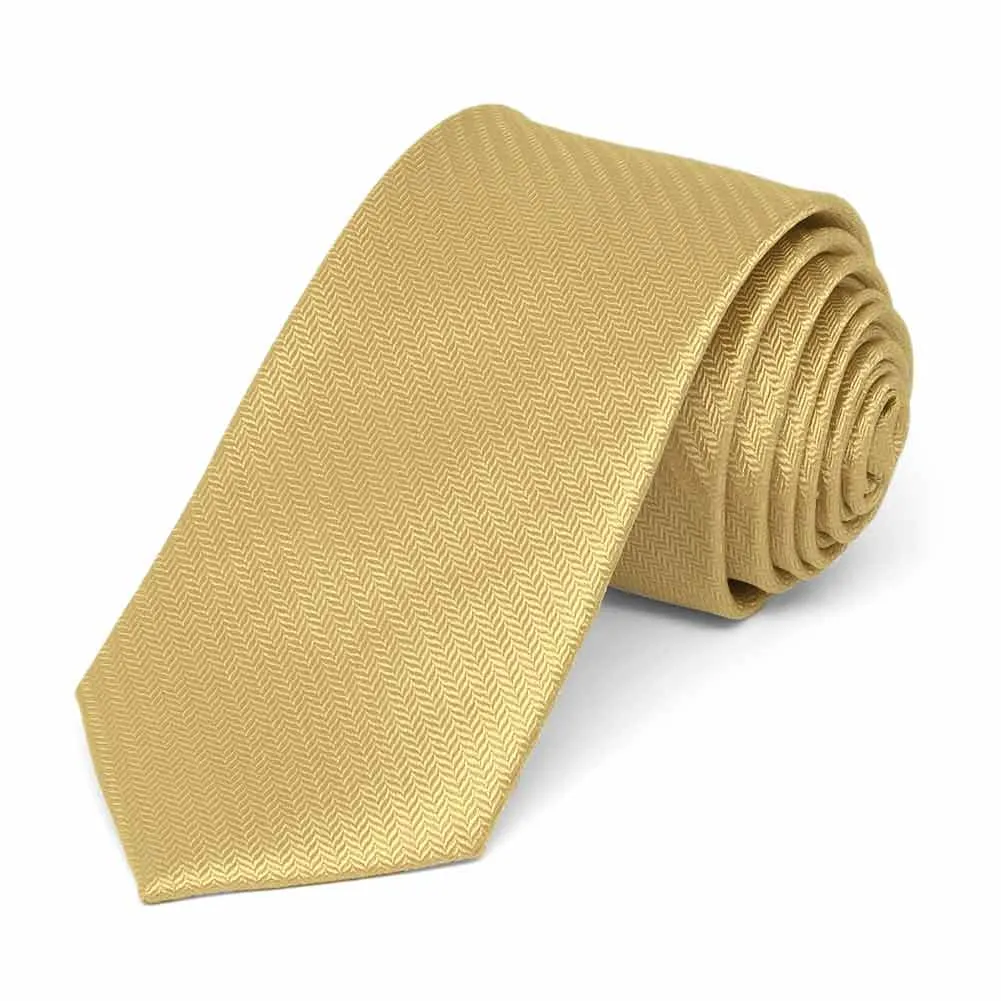 Pale Gold Herringbone Silk Slim Necktie, 2.5" Width