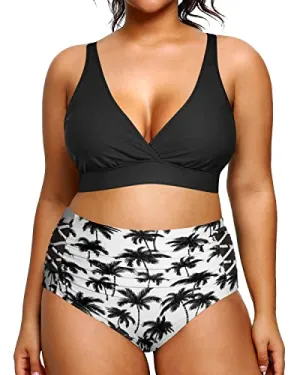 Plus Size Bikini High Waisted Swimsuits Two Piece Bathing Suit-Black And White Coco