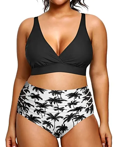 Plus Size Bikini High Waisted Swimsuits Two Piece Bathing Suit-Black And White Coco