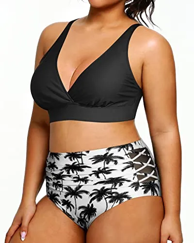 Plus Size Bikini High Waisted Swimsuits Two Piece Bathing Suit-Black And White Coco