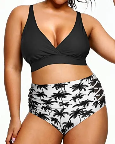 Plus Size Bikini High Waisted Swimsuits Two Piece Bathing Suit-Black And White Coco