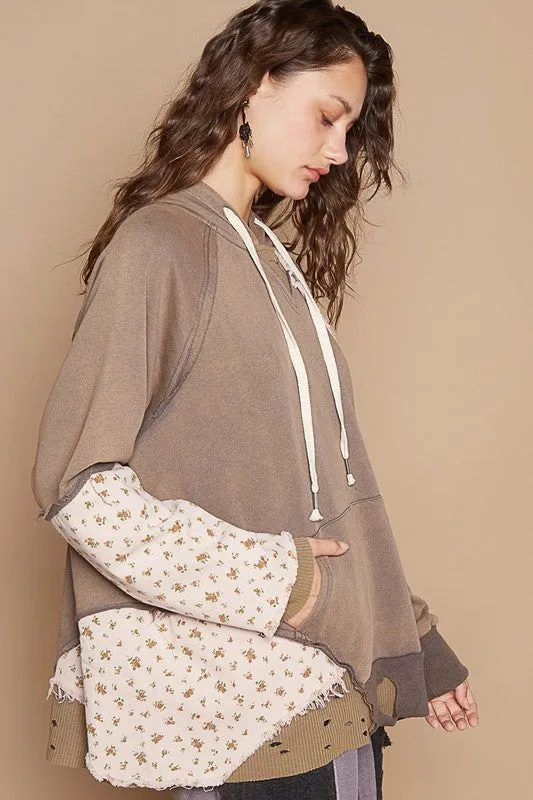 POL Floral Patchwork Distressed Drawstring Hoodie