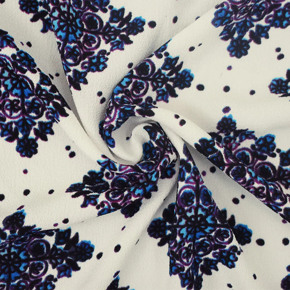 Purple-Multi Snowflake Floral Border Printed Stretch Ghost Crepe Fabric